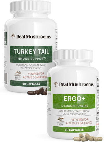 Real Mushrooms Ergothioneine (60Ct) And Turkey Tail (90Ct) Bundle With Shiitake And Oyster Mushroom Extracts - Longevity And Immunity With Highest Levels Of Beta-Glucans - Vegan, Gluten Free, Non-Gmo