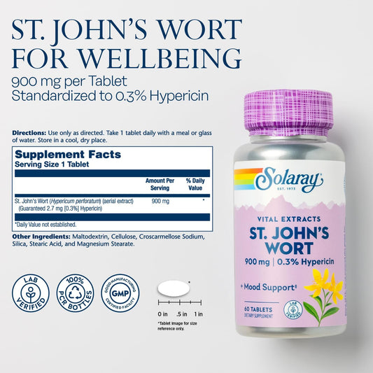 Solaray St. Johns Wort Aerial Extract One Daily 900Mg, Standardized W/ 0.3% Hypericin For Mood Stability & Brain Health Support, Non-Gmo |60 Servings | 60 Tablets