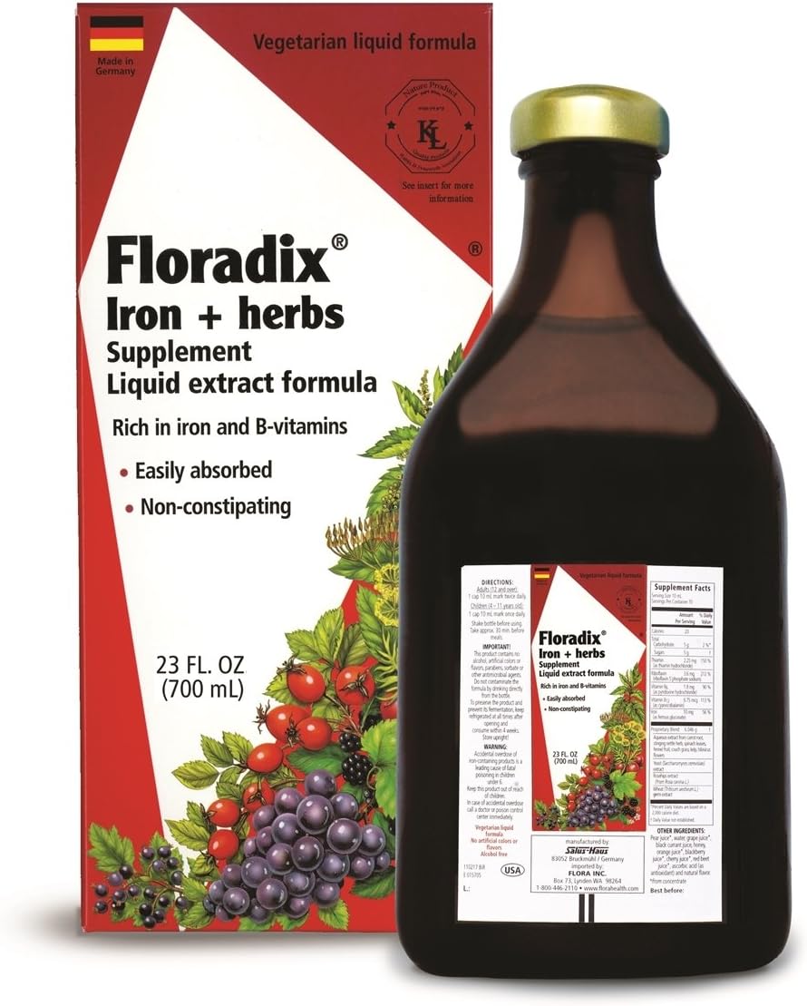 Floradix Iron & Herbs - Liquid Herbal Supplement for Energy Support - Iron Supplement with Vitamin C & B Complex Vitamins - Liquid Iron Supplement for Men & Women - 23 oz