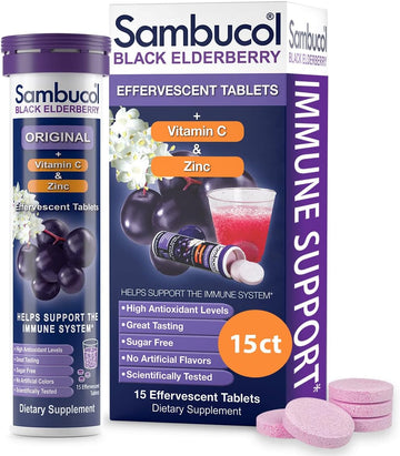 Sambucol Black Elderberry Effervescent Tablets - Elderberry with Zinc and Vitamin C for Adults, Elderberry Dissolving Tablets, Berries - 15 Count