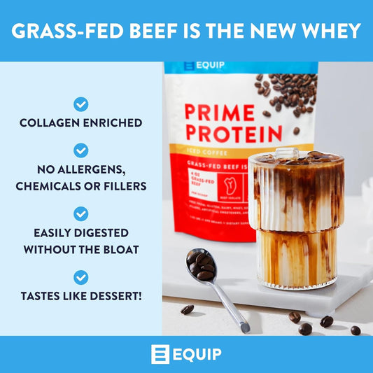 Equip Foods Prime Protein - Grass Fed Beef Protein Powder Isolate - Paleo And Keto Friendly, Gluten Free Carnivore Protein Powder - Iced Coffee, 1.52 Pounds - Helps Build And Repair Tissue