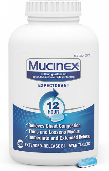 Mucinex 12 Hour 600 Mg Guaifenesin Extended-Release Tablets For Excess Mucus Relief, Expectorant Aids Excess Mucus Removal, Chest Congestion Relief, 500 Bi-Layer Tablets