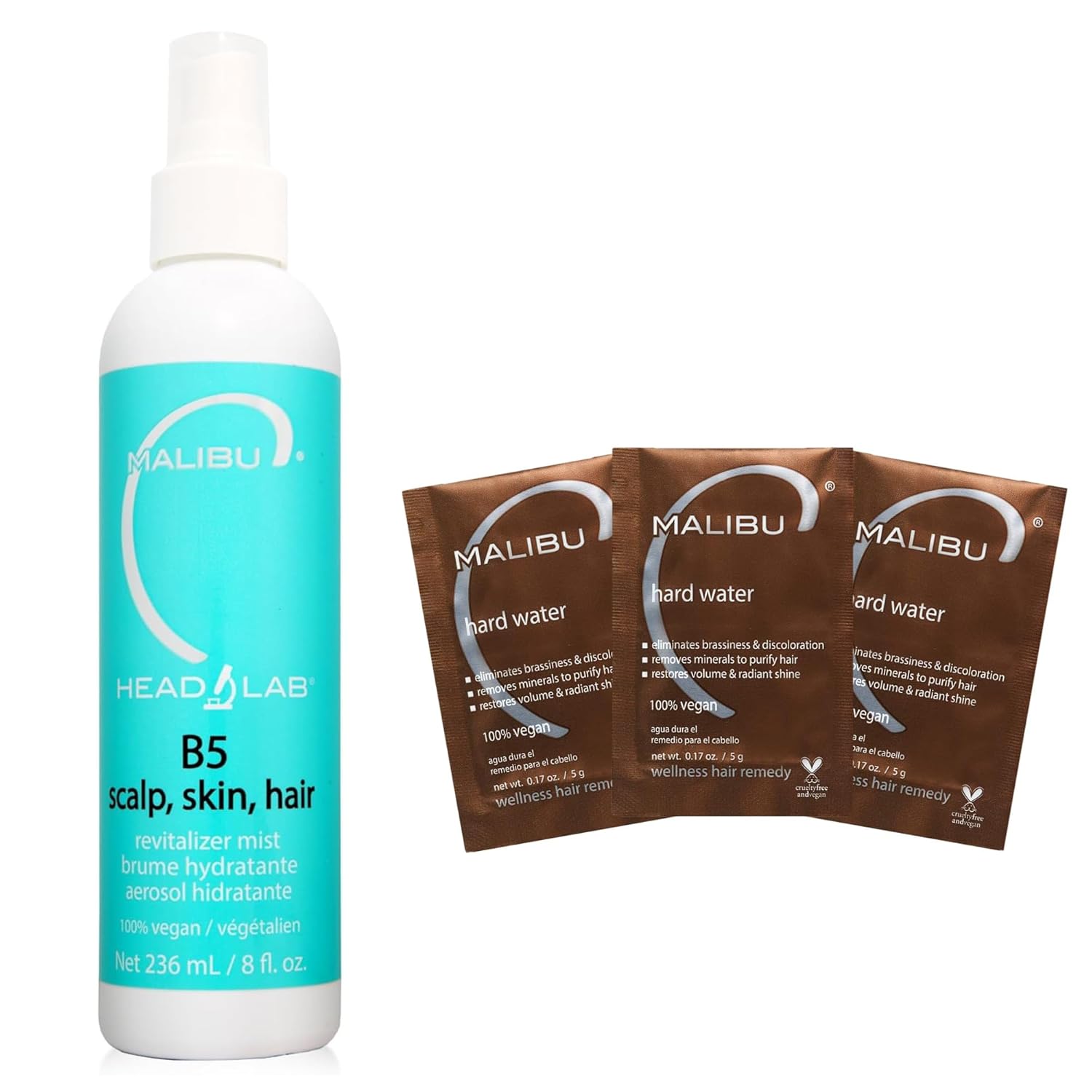 Malibu C Hard Water Wellness Hair Remedy (3 Packets) + B5 Scalp Revitalizer Mist (8 Oz) - Remove Impurities & Restore Scalp Moisture - Protects And Soothes Sensitive Scalp With Vitamin C & Allatonin