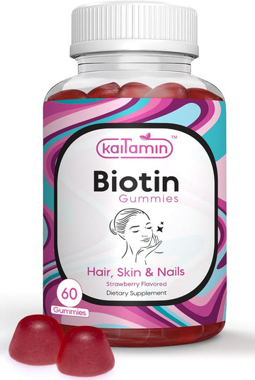 Biotin Vitamin B7 Gummies for Hair Skin & Nails - 5000 mcg per Serving - with Elderberry and Coconut Oil, 60 Strawberry Flavored Gummies - All Natural, Gluten-Free & Vegetarian (Pack of 1)