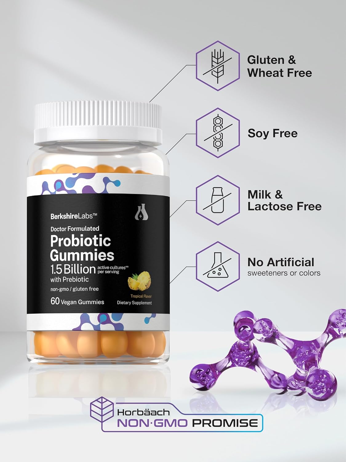 Horbäach Probiotic Gummies | 60 Count | 1.5 Billion Effective Cells | Doctor Formulated | Vegan, Non-GMO, and Gluten Free Supplement for Women and Men | Tropical Flavor : Health & Household