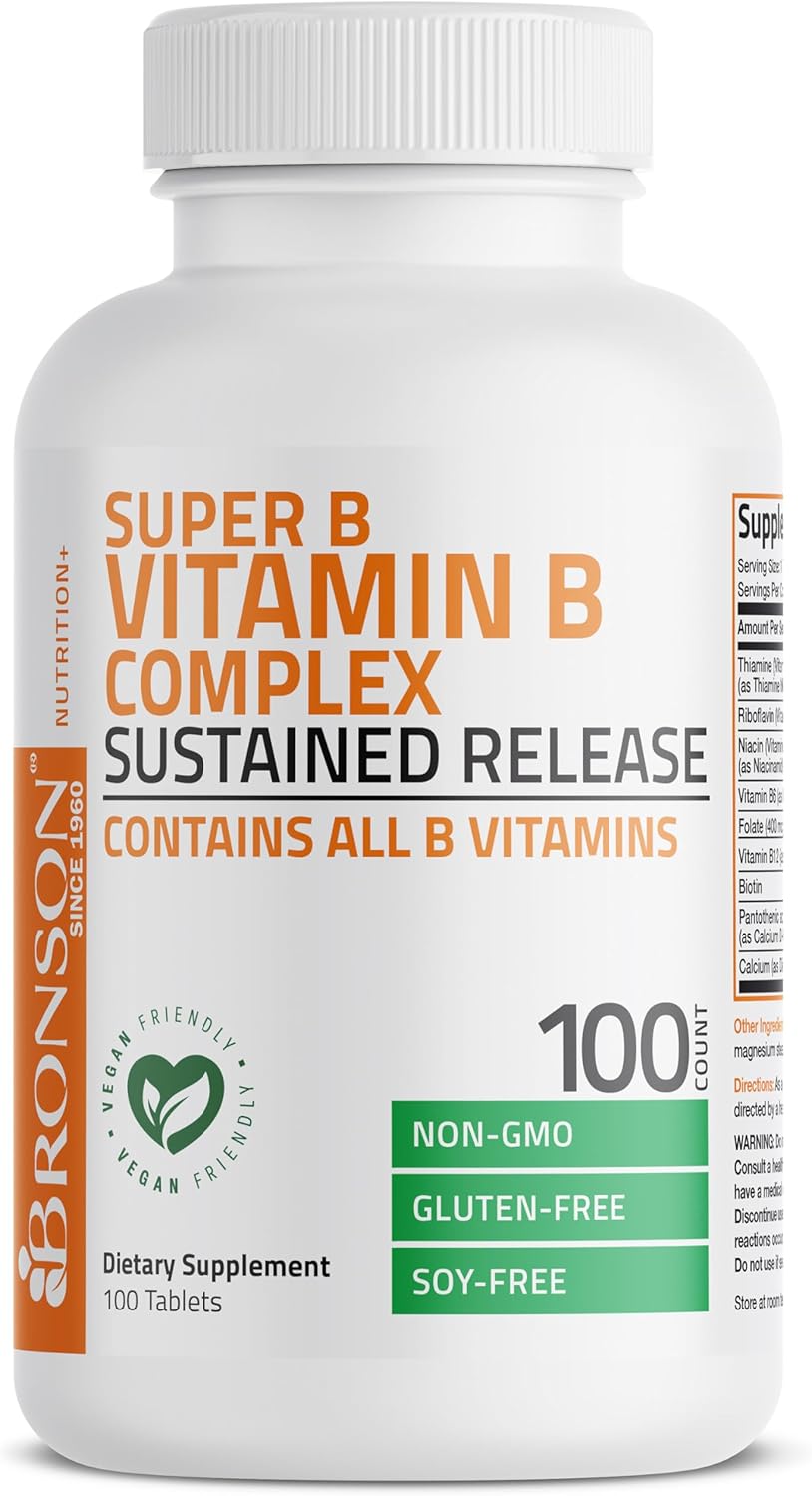 Bronson Super B Vitamin B Complex Sustained Slow Release (Vitamin B1, B2, B3, B6, B9 - Folic Acid, B12) Contains All B Vitamins 100 Tablets : Health & Household