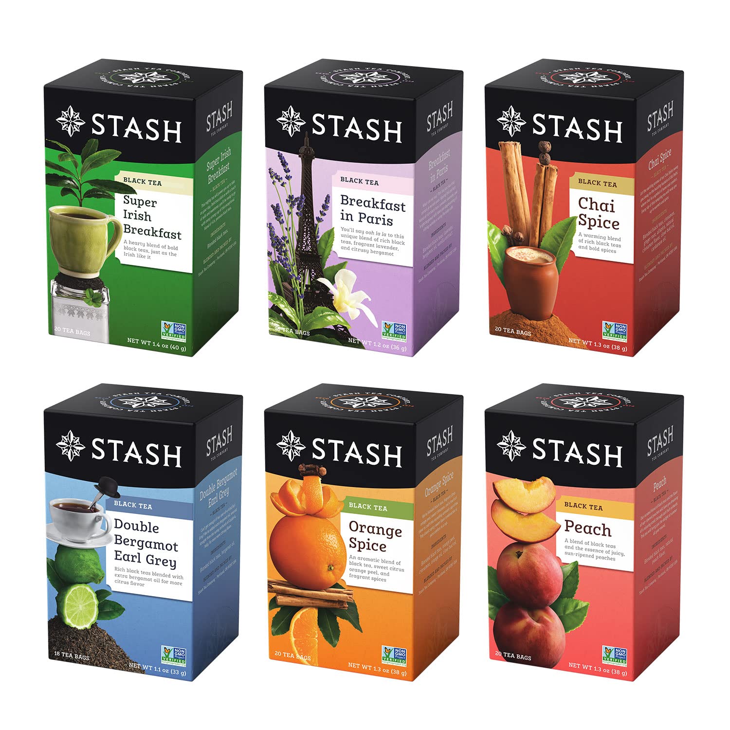 Stash Tea Black Tea Variety Pack Sampler Assortment - Caffeinated, Non-Gmo Project Verified Premium Tea With No Artificial Ingredients, 18-20 Count (Pack Of 6)