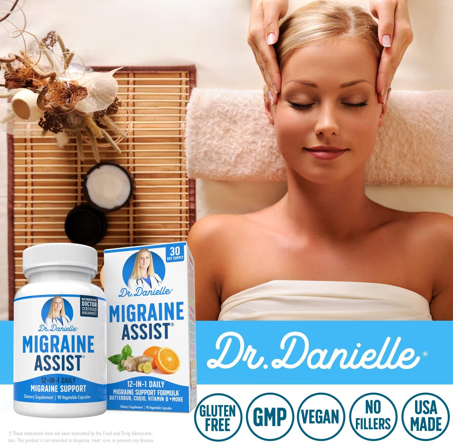 Best Migraine Relief Product with Magnesium - Migraine Assist Supplement with Quercetin, Feverfew, Butterbur, CoQ10 from Dr. Danielle, 90 Capsules : Health & Household