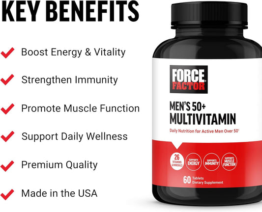 Force Factor Men?s Multivitamin 50 Plus, Multivitamin for Men with 26 Vitamins and Minerals, and Phytonutrients to Support Energy, Immunity, and Muscle Function, 60 Tablets