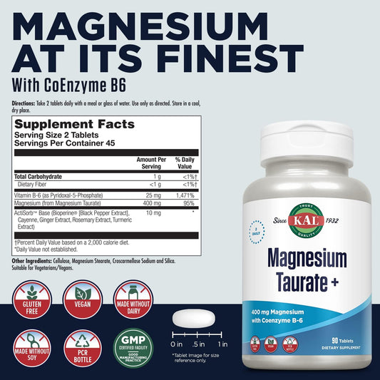 Kal Magnesium Taurate 400Mg Plus Coenzyme Vitamin B6, Chelated Magnesium Supplement, Healthy Muscle Function, Nerve And Heart Health Support, Gluten Free, Vegan, 60-Day Guarantee, 45 Serv, 90 Tablets