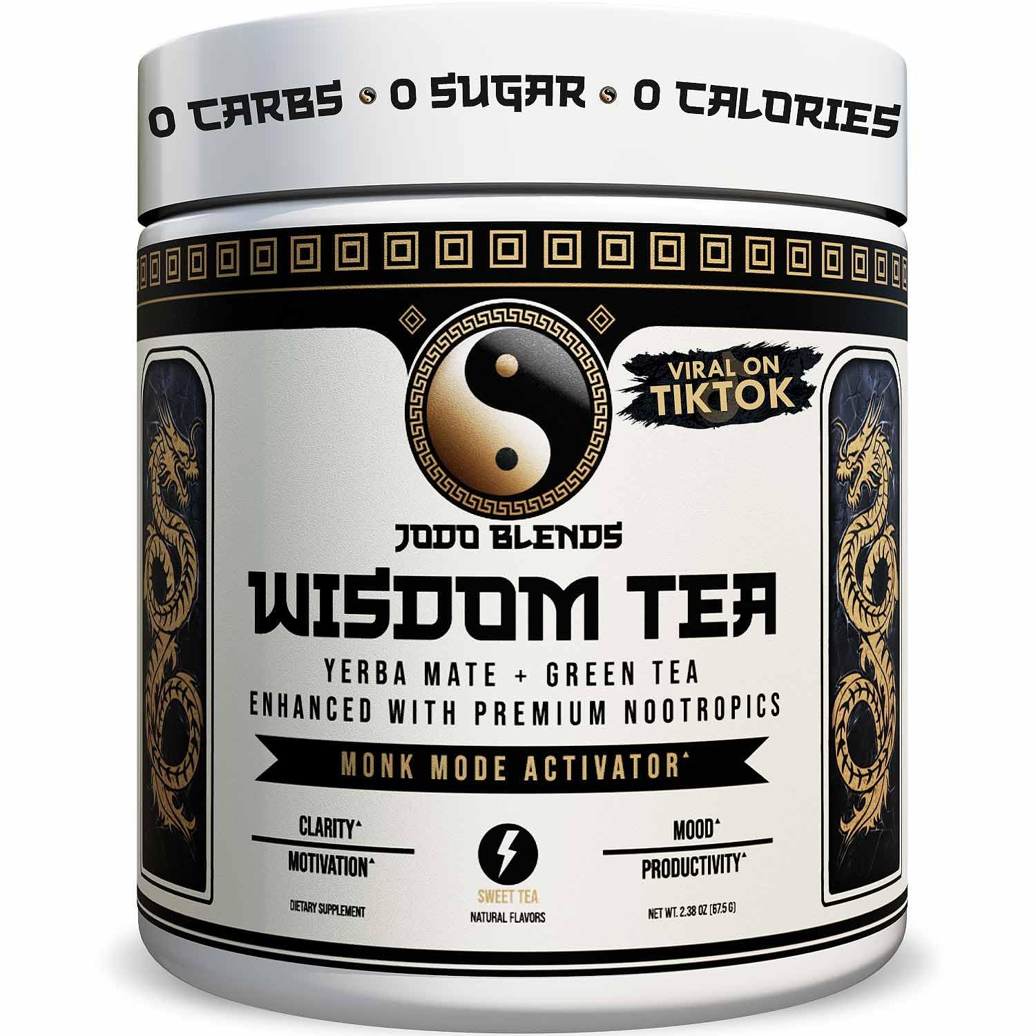 Yerba Mate & Green Tea Extract Instant Tea Powder, Nootropic Super Drink - Clean Energy, Limitless Clarity & Focus, Mood Booster, Powered By Premium Nootropics & Mushrooms | Wisdom Tea Sweet Tea, 30Sv