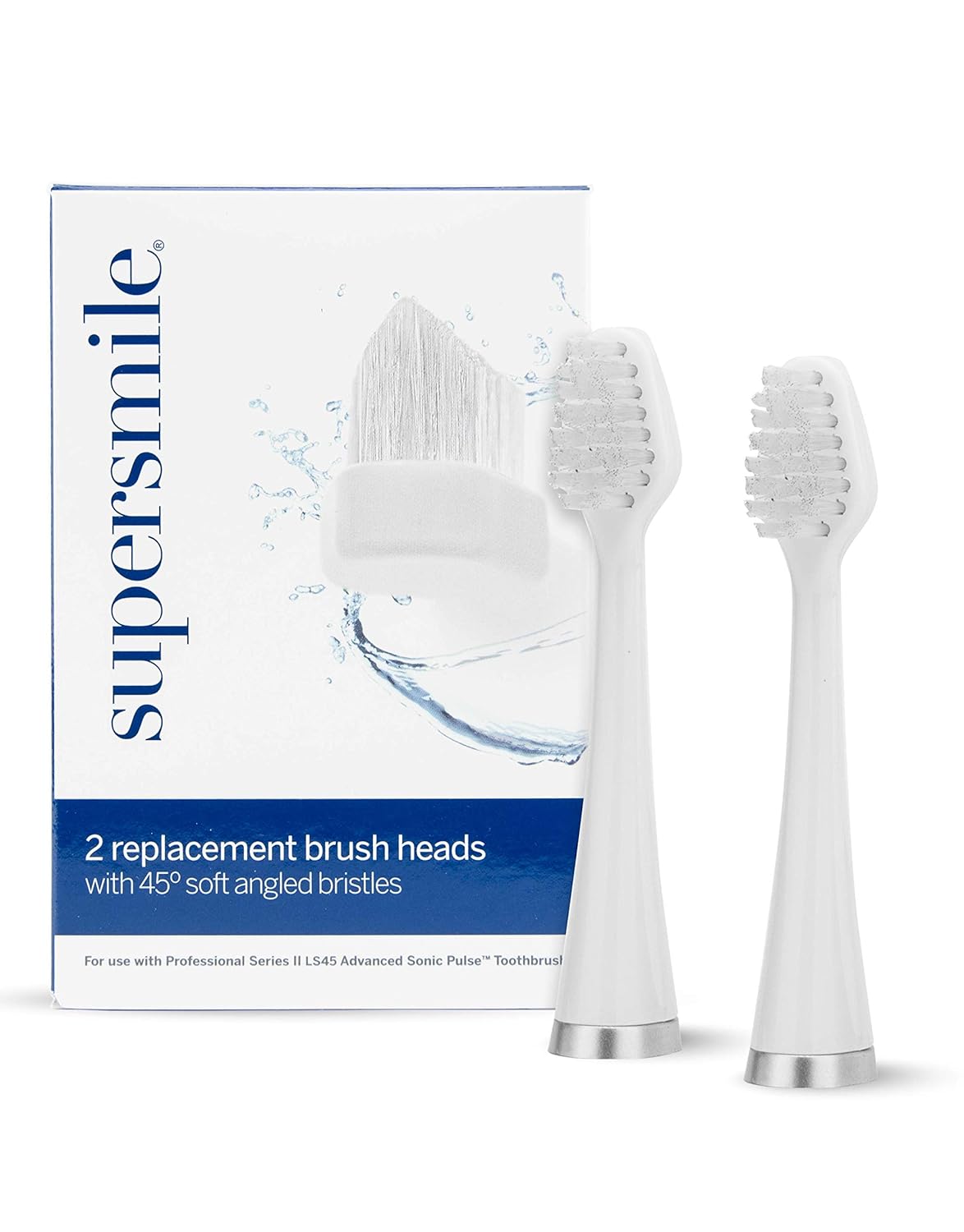 Supersmile Series II LS45 Replacement Brush Heads for Sonic Pulse Toothbrush - Patented 45° Soft Bristles Deliver Professional Teeth Cleaning - No Sensitivity (White, 2 Count)