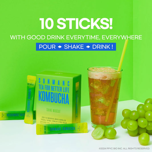 Sunmanc Kombucha 10 Packets, Sparkling Probiotic Fermented Drink, Convenient Powdered Drink Mix, Tea Powder, Low Calories, Sugar 0G, Low Caffeine (Shine Muscat)