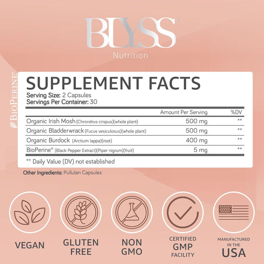 Organic Irish Sea Moss Capsules With Burdock Root, Bladderwrack And Bioperine Black Pepper - For Energy, Gut Health, Thyroid & Anti Aging - Vegan - 60 Ct