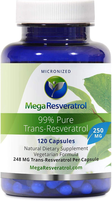 Mega Resveratrol, Pharmaceutical Grade, 99% Pure, Micronized Trans-Resveratrol, 120 Capsules, 250 Mg Per Capsule. Purity Certified. Absolutely No Toxic Inactive Ingredients Added