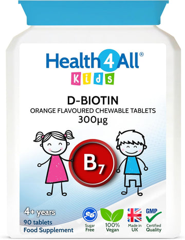 Health4All Kids D-Biotin 90 Tablets Hair Growth And Strong Nails Supplement For Children. Natural Vegan Biotin Chewable Tablets