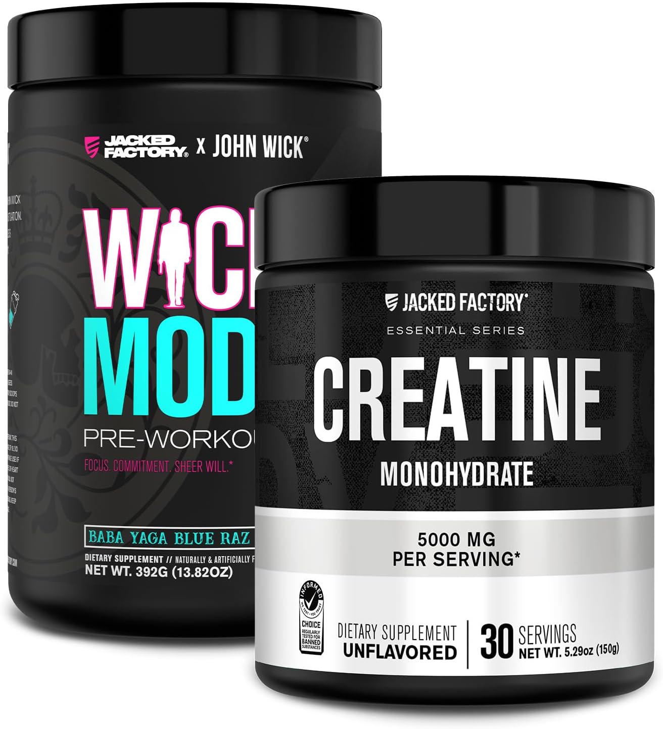 Jacked Factory X John Wick - Wick Mode Pre Workout Powder (Baba Yaga Blue Raz, 40 Servings) & Creatine Monohydrate Powder (Unflavored, 30 Servings)