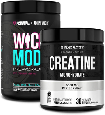 Jacked Factory X John Wick - Wick Mode Pre Workout Powder (Baba Yaga Blue Raz, 40 Servings) & Creatine Monohydrate Powder (Unflavored, 30 Servings)
