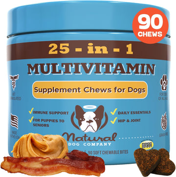 Natural Dog Company Multivitamin Chews (90 Pieces), Dog Vitamins and Supplements, Peanut Butter & Bacon Flavor, for Dogs of All Ages, Sizes, & Breeds, Supports Immune System, Antioxidant