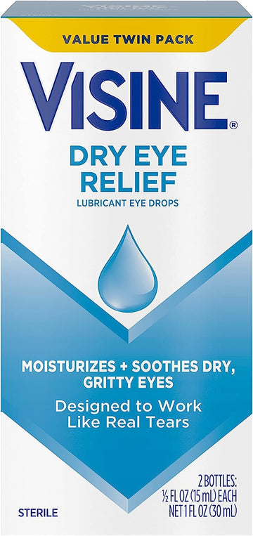 Visine Dry Eye Relief Lubricant Eye Drops to Moisturize and Soothe Irritated, Gritty and Dry Eyes, Designed to Work Like Real Tears, Polyethylene Glycol 400, Twin Pack, 2 x 0.5 fl. oz