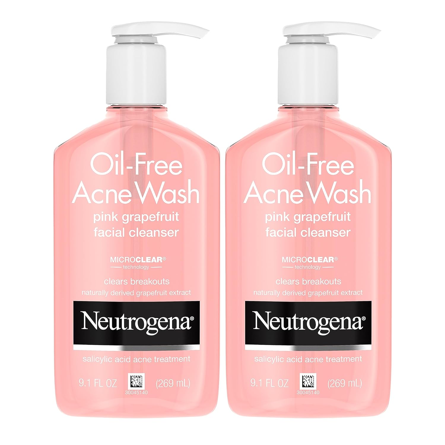 Neutrogena Oil-Free Pink Grapefruit Pore Cleansing Acne Wash and Daily Liquid Facial Cleanser with 2% Salicylic Acid Acne Medicine and Vitamin C, Twin Pack, 2 x 9.1 fl. Oz