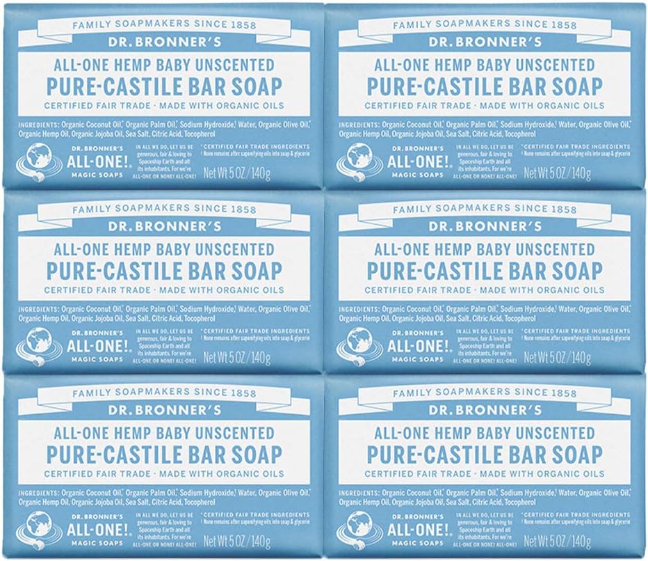 Dr. Bronner'S - Pure-Castile Bar Soap (Baby Unscented, 5 Oz, 6-Pack) -Made With Organic Oils, For Face, Body & Hair, Gentle For Sensitive Skin & Babies, No Added Fragrance,Biodegradable,Vegan,Non-Gmo