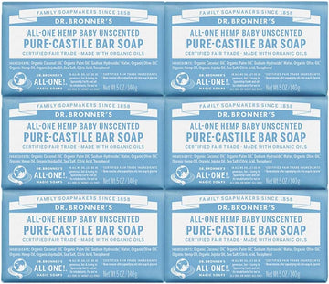 Dr. Bronner'S - Pure-Castile Bar Soap (Baby Unscented, 5 Oz, 6-Pack) -Made With Organic Oils, For Face, Body & Hair, Gentle For Sensitive Skin & Babies, No Added Fragrance,Biodegradable,Vegan,Non-Gmo