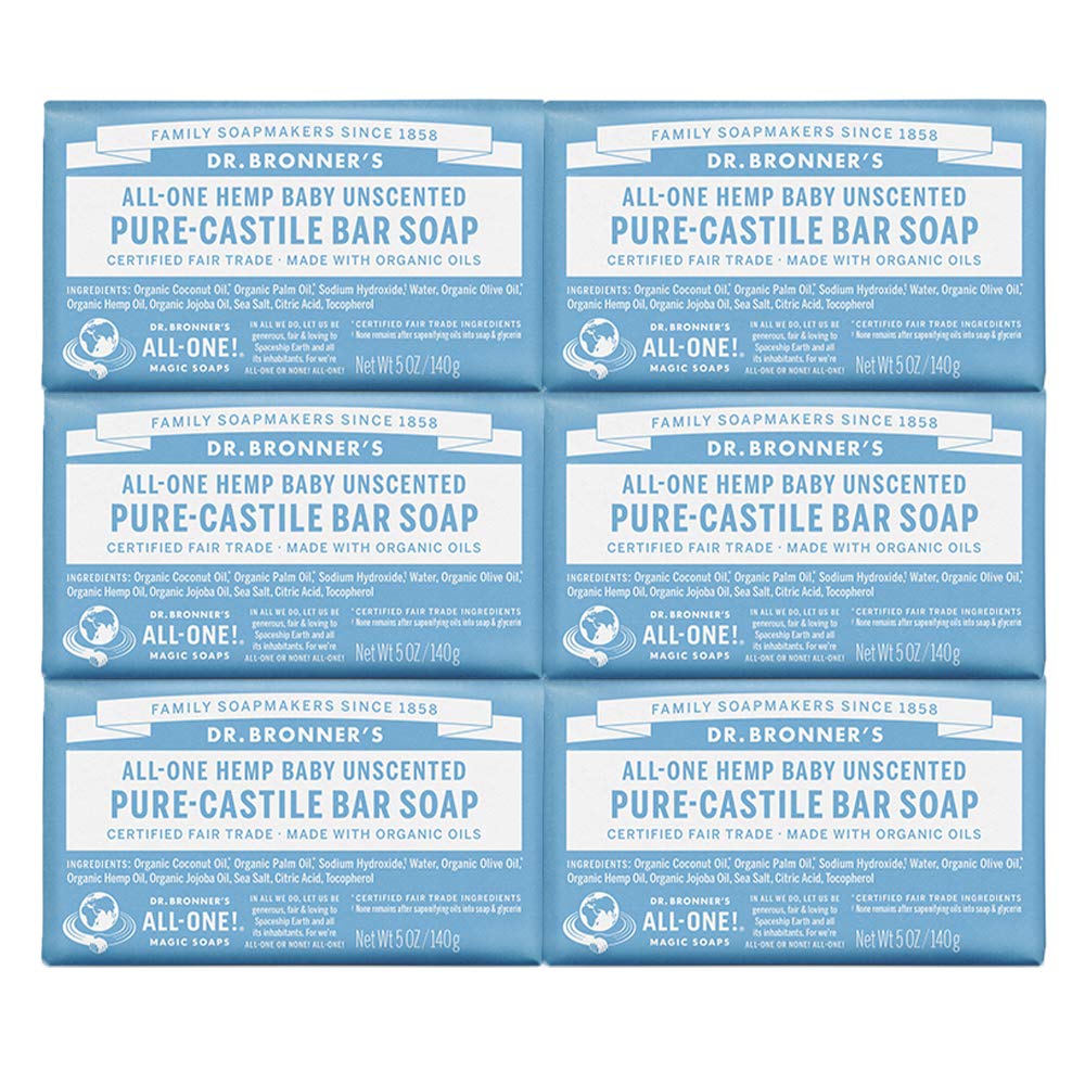 Dr. Bronner's - Pure-Castile Bar Soap (Baby Unscented, 5 oz, 6-Pack) -Made with Organic Oils, For Face, Body & Hair, Gentle for Sensitive Skin & Babies, No Added Fragrance,Biodegradable,Vegan,Non-GMO