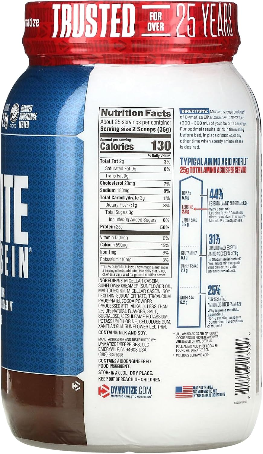 Dymatize Elite Casein Protein Powder, Slow Absorbing With Muscle Building Amino Acids, 100% Micellar Casein, 25G Protein, 5.4G Bcaas & 2.3G Leucine, Helps Overnight Recovery, Rich Chocolate, 2 Pound