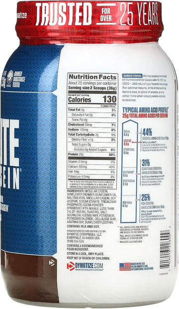 Dymatize Elite Casein Protein Powder, Slow Absorbing With Muscle Building Amino Acids, 100% Micellar Casein, 25G Protein, 5.4G Bcaas & 2.3G Leucine, Helps Overnight Recovery, Rich Chocolate, 2 Pound