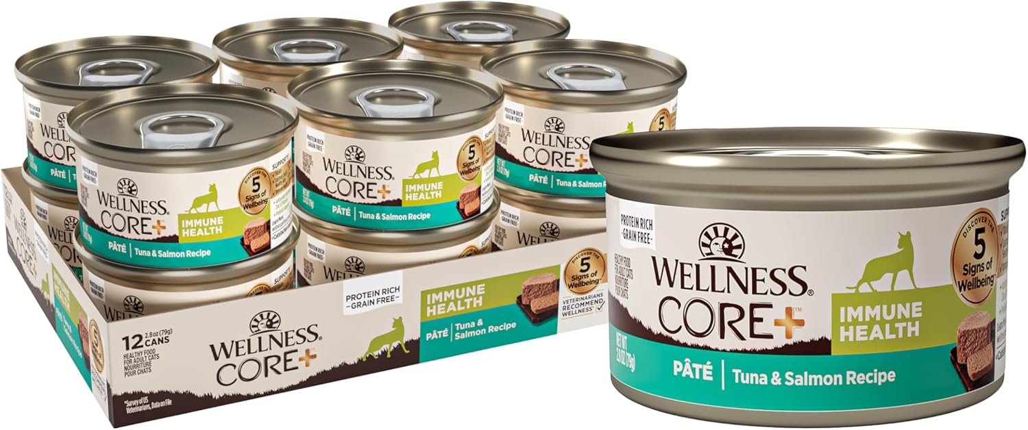 Wellness Core+ Immune Health Recipe, Natural Grain Free Canned Wet Cat Food, Tuna & Salmon Pate, 2.8 Ounces (Pack Of 12)