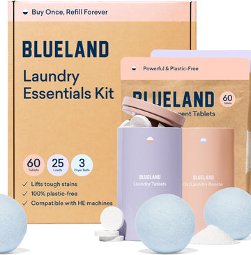 Blueland Laundry Essentials Kit - Plastic-Free Laundry Detergent Tablets, Oxi Booster, And Reuseable Natural Wool Dryer Balls For Dryer - Eco Friendly Alternative To Sheets Pods And Liquids