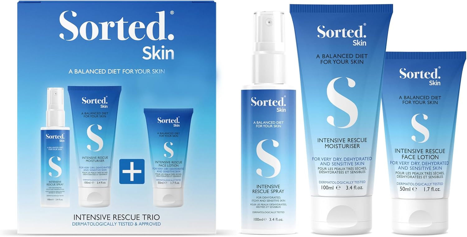 Sorted Skin Intensive Rescue Trio Bundle for Dry, Dehydrated and Sensitive Skin to Help Soothe, Nourish and Reduce Itchiness includes Spray 1 x 100ml, Face Lotion 1 x 50ml and Moisturiser 1 x 100ml