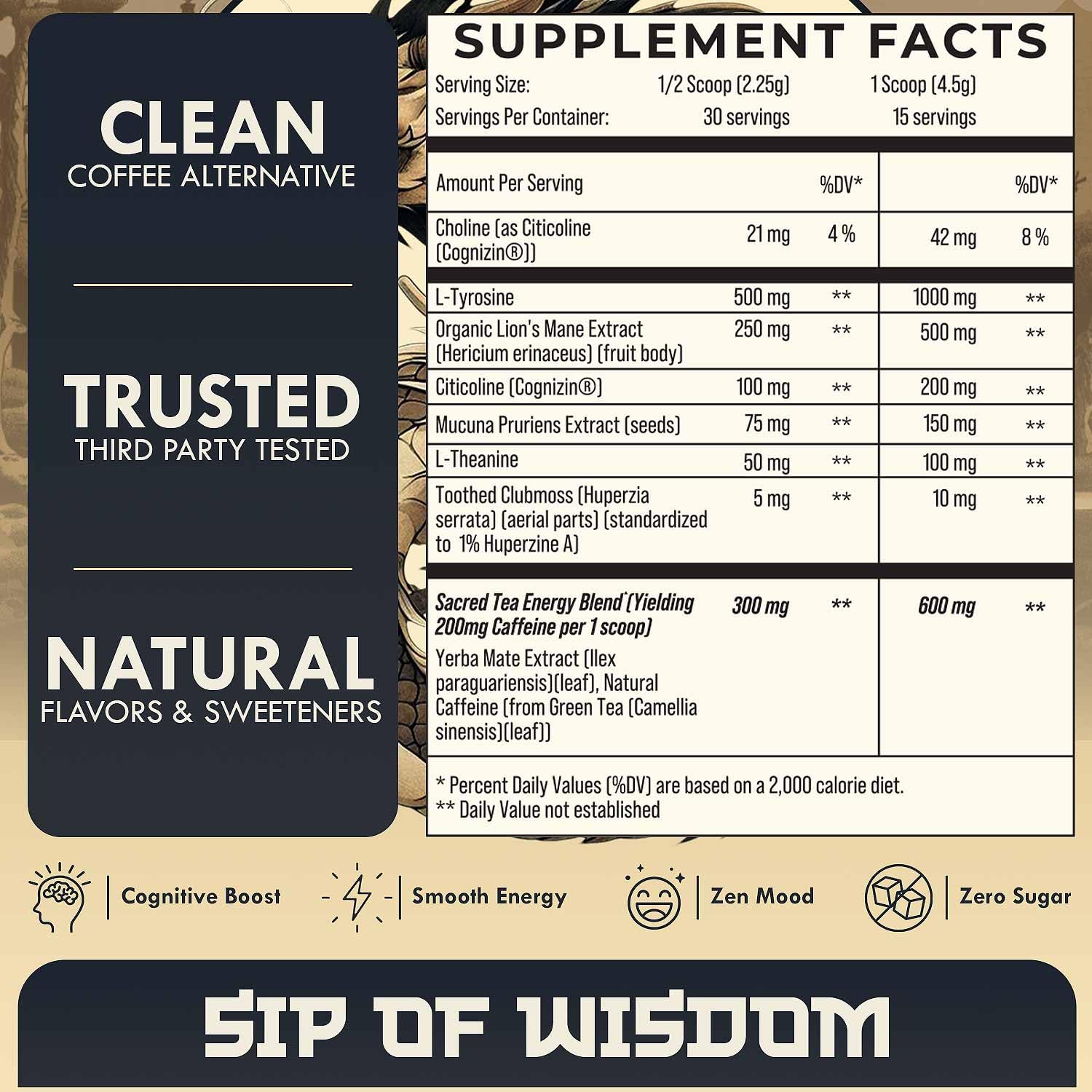 Yerba Mate & Green Tea Extract Instant Tea Powder, Nootropic Super Drink - Clean Energy, Limitless Clarity & Focus, Mood Booster, Powered By Premium Nootropics & Mushrooms | Wisdom Tea Sweet Tea, 30Sv