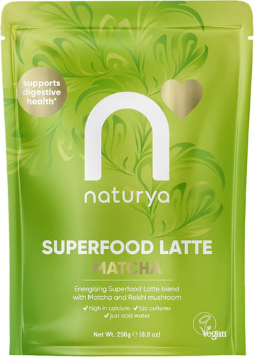 Naturya Energizing Matcha Superfood Latte Blend 250G - Creamy Vegan & Gluten-Free Matcha Green Tea With Coconut Milk, Reishi Mushroom, Live Bio Cultures & Seaweed Calcium For Digestion & Bone Health