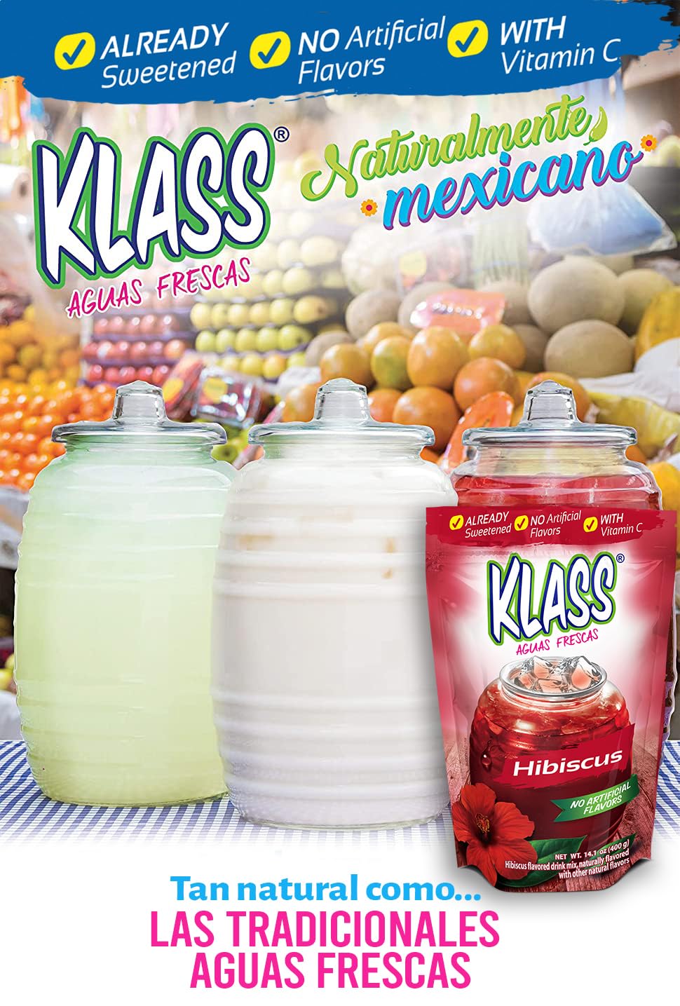 Drink Mix Hibiscus | Klass Aguas Frescas | Flavors From Natural Sources, No Artificial Flavors, With Vitamin C (Makes 7 To 9 Quarts) 14.1 Oz Family Pack (4-Pack)