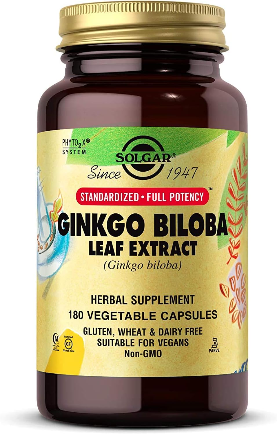 Solgar Ginkgo Biloba Leaf Extract, 180 Vegetable Capsules - Brain Health & Mental Alertness - Standardized Full Potency (SFP) - Non-GMO, Vegan, Gluten Free, Dairy Free, Kosher, Halal - 180 Servings