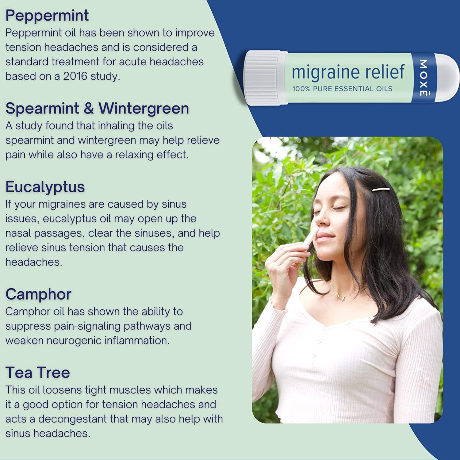 MOXE Migraine Relief Nasal Inhaler, Essential Oils for Headaches & Tension Relief, Portable Aromatherapy, Easy-to-Use, Pure & Undiluted, Peppermint, Spearmint, Eucalyptus, Tea Tree, USA Made, 1 Pack : Health & Household