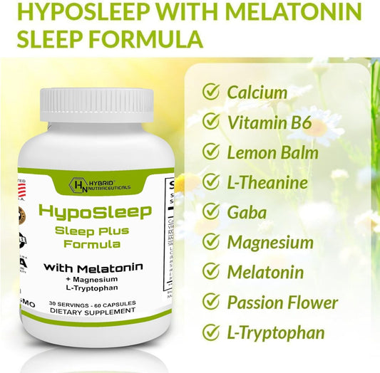 Hybrid Nutraceuticals Hyposleep With10Mg Melatonin, 905Mg Sleep Plus Formula For Adults - Support Sleep & Relaxation, 5 Htp Supplement, Nighttime Sleep Aid - 60 Capsules