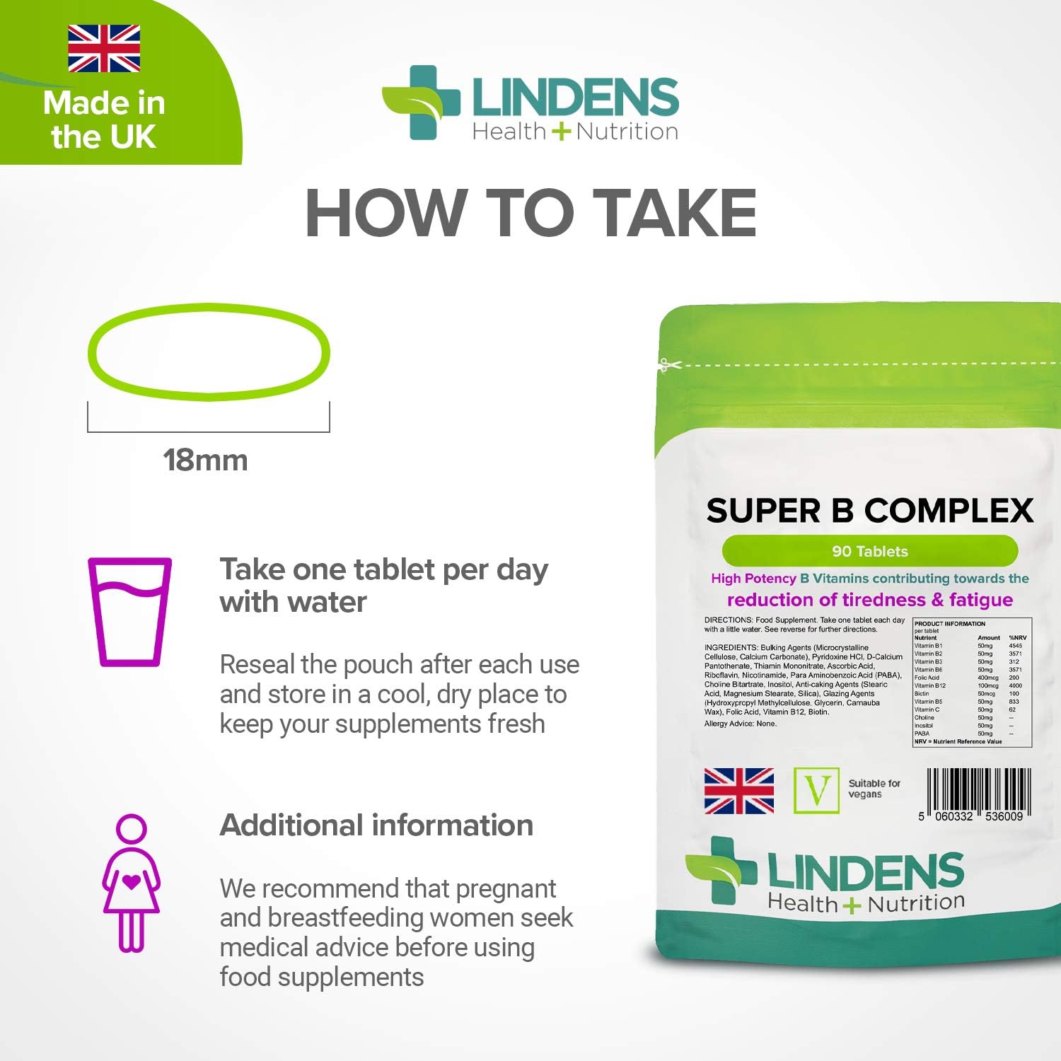 Lindens - Super B Complex Tablets - 90 Pack - UK Made - 3 Months Supply with a Full Spectrum of B Vitamins and Vitamin C - Reduces Tiredness and Fatigue - Letterbox Friendly, Vegan : Amazon.co.uk: Health & Personal Care