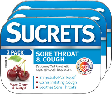 Sucrets Lozenges, Sore Throat & Cough Vapor Cherry, 18 Ct (Pack Of 3)