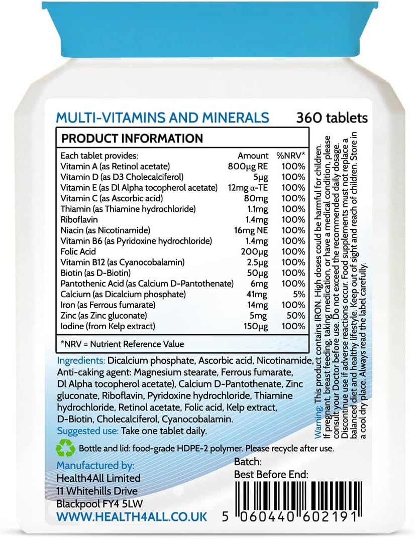 Health4All Multivitamins & Minerals One a Day 360 Easy to Swallow Tablets, 1 Year Supply, 100% RDA Daily Essential Nutrients for Men & Women, Supports Energy, Immunity & Overall Health | Made in UK : Amazon.co.uk: Health & Personal Care