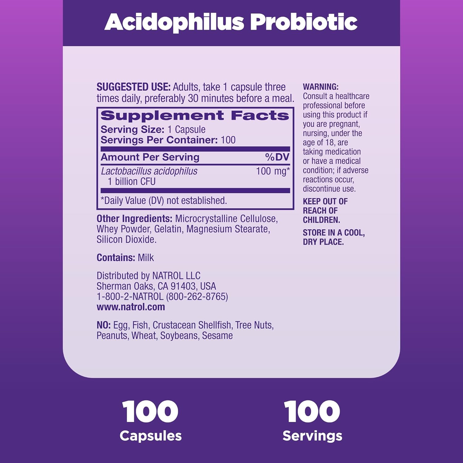 Natrol Acidophilus Probiotic 100 mg, Dietary Supplement for Healthy Gut Function, Digestive Health Capsules for Adults, 100 Capsules, Up to a 33 Day Supply : Health & Household