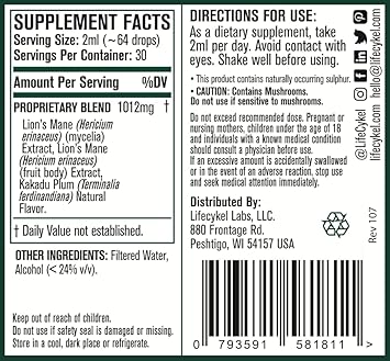 Life Cykel Lion'S Mane Mushroom Extract W/Kakadu Plum- Memory Focus Clarity Rem Sleep-100% Organic Mushrooms Brain Booster Nootropic Brain Supplement Focus Supplement Made In Us, 2 Fl Oz (30 Servings)