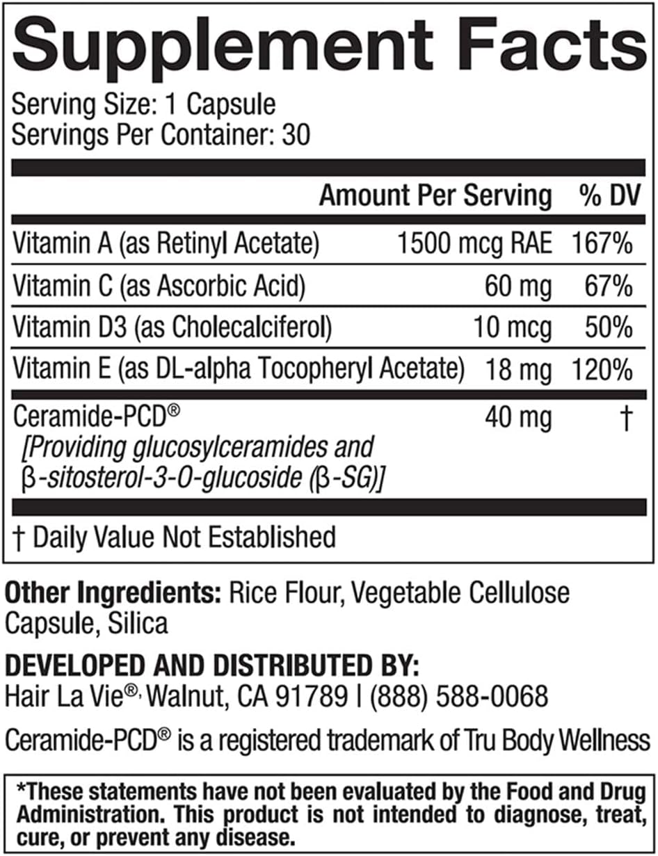 Hair La Vie Phytocera Dry Skin Supplement for Women - Phytoceramides for Aging Skin - Rice Based and Gluten Free - Glowing Skin Vitamins : Health & Household