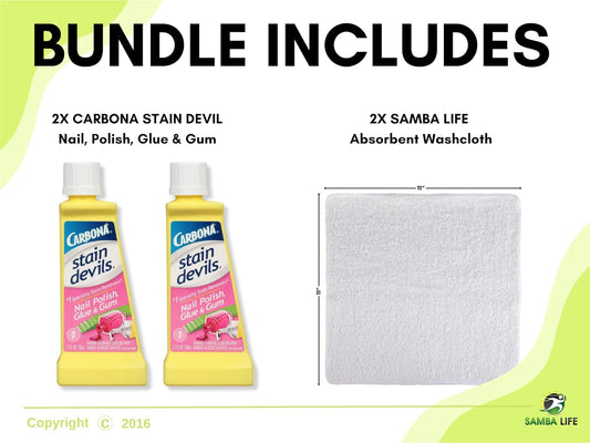 Laundry Stain Remover for Clothes Messy Eater Stain Treater Kit Includes 2X Carbona Stain Devil 1.7oz and 2x Samba Life Washcloth. Compatible with Shout Stain Remover (Glue, Gum & Nail Polish)