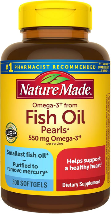 Nature Made Omega 3 Fish Oil Pearls 550 Mg Per Serving, Small Size Fish Oil Supplements As Ethyl Esters, Omega 3 Supplement For Healthy Heart Support, 300 Softgels, 100 Day Supply