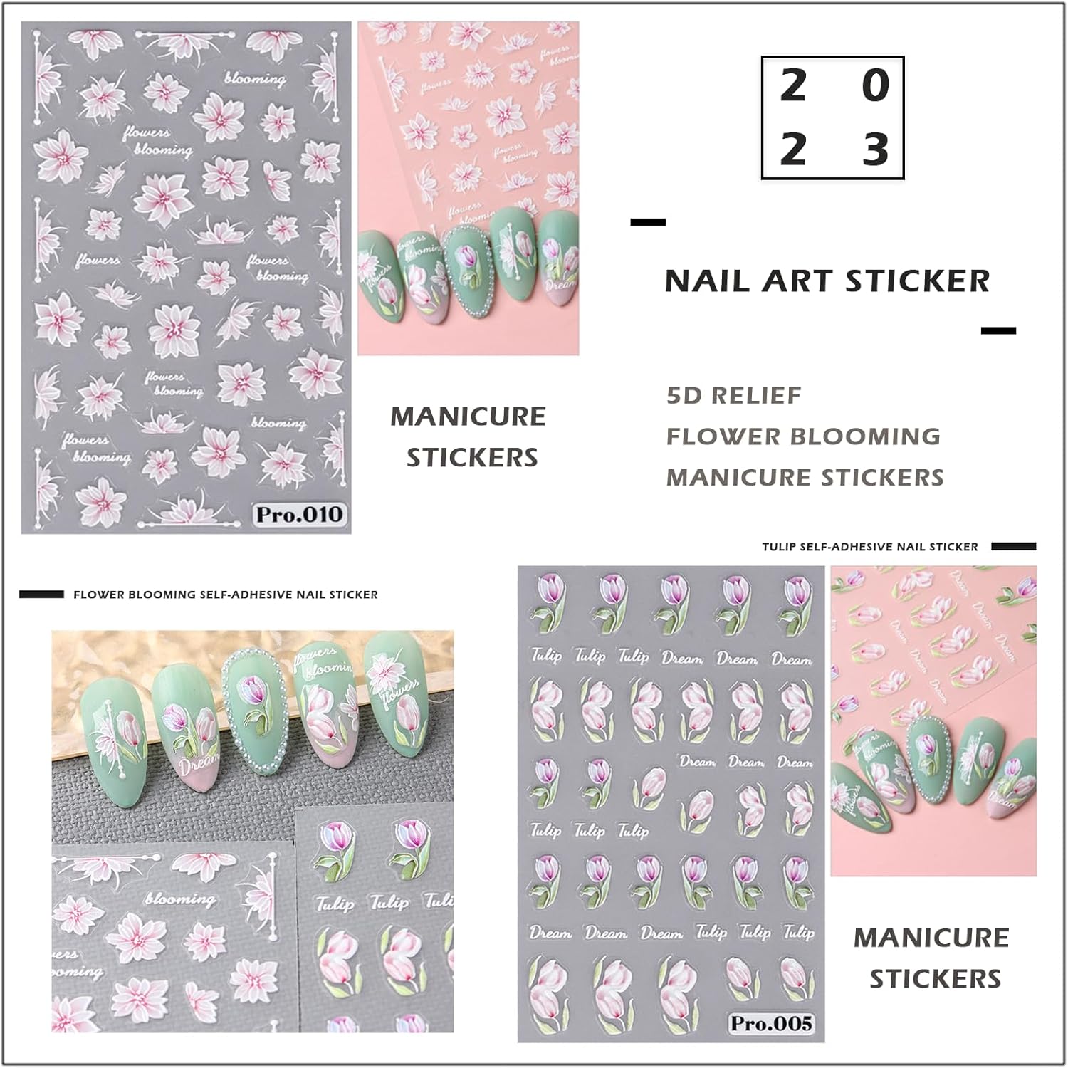 8 Pcs Self-Adhesive Nail Stickers, 5D Embossed Engraved Flower Nail Art Stickers, Nail Decorations Accessories