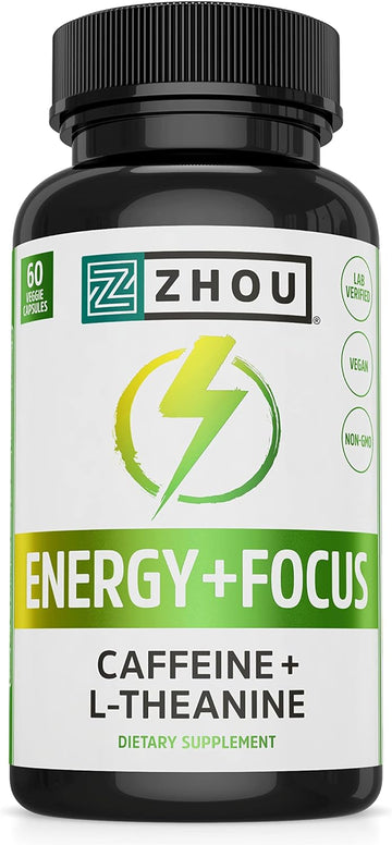 Zhou Natural Caffeine Pills 100mg with L-Theanine 200mg, Nootropic Supplement, Clean Energy, Endurance and MentalFocus, Non-GMO, Vegan, Gluten-Free, 60 Capsules