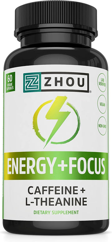 Zhou Natural Caffeine Pills 100Mg With L-Theanine 200Mg, Nootropic Supplement, Clean Energy, Endurance And Mentalfocus, Non-Gmo, Vegan, Gluten-Free, 60 Capsules